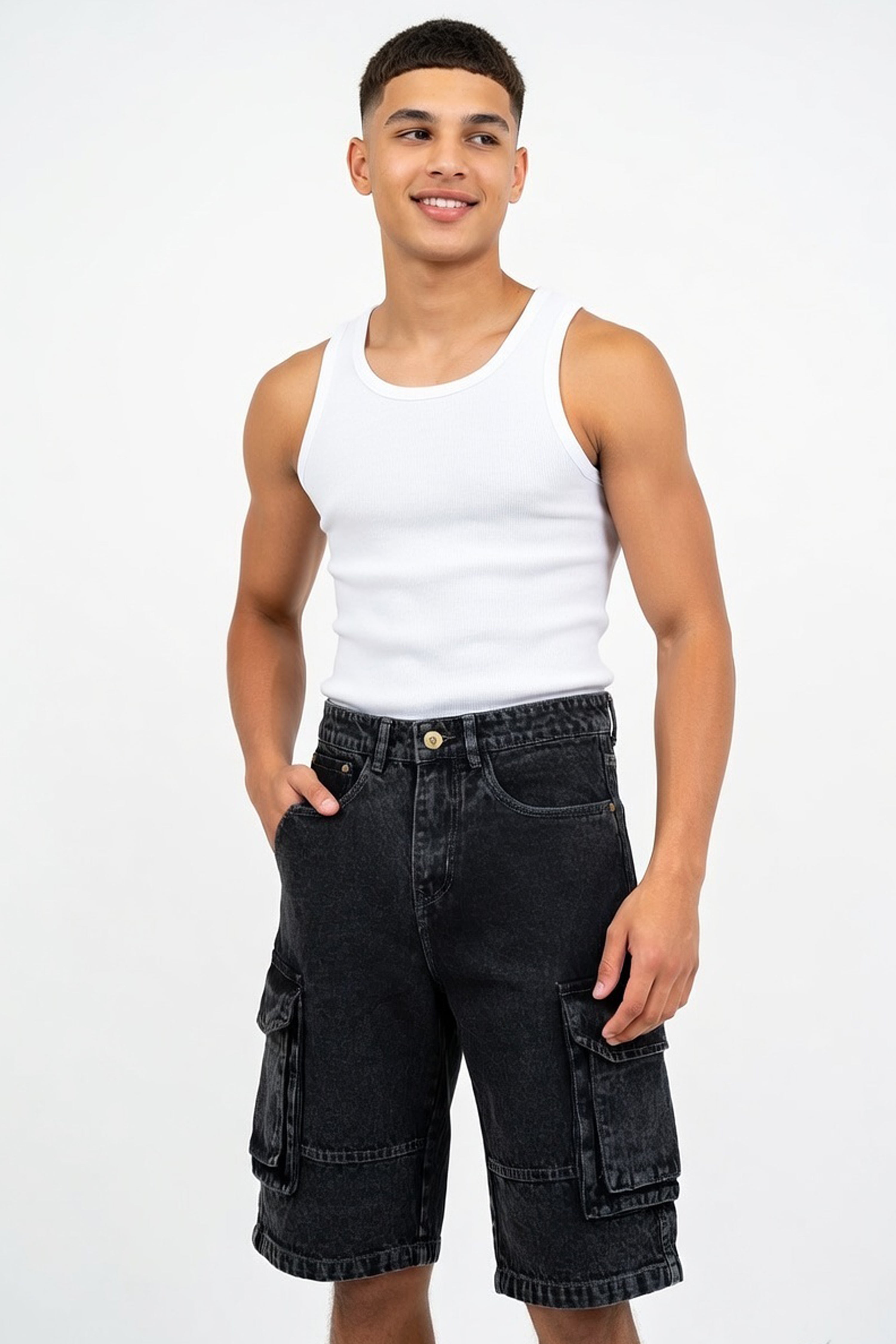 Washed Black Denim Cargo Shorts
