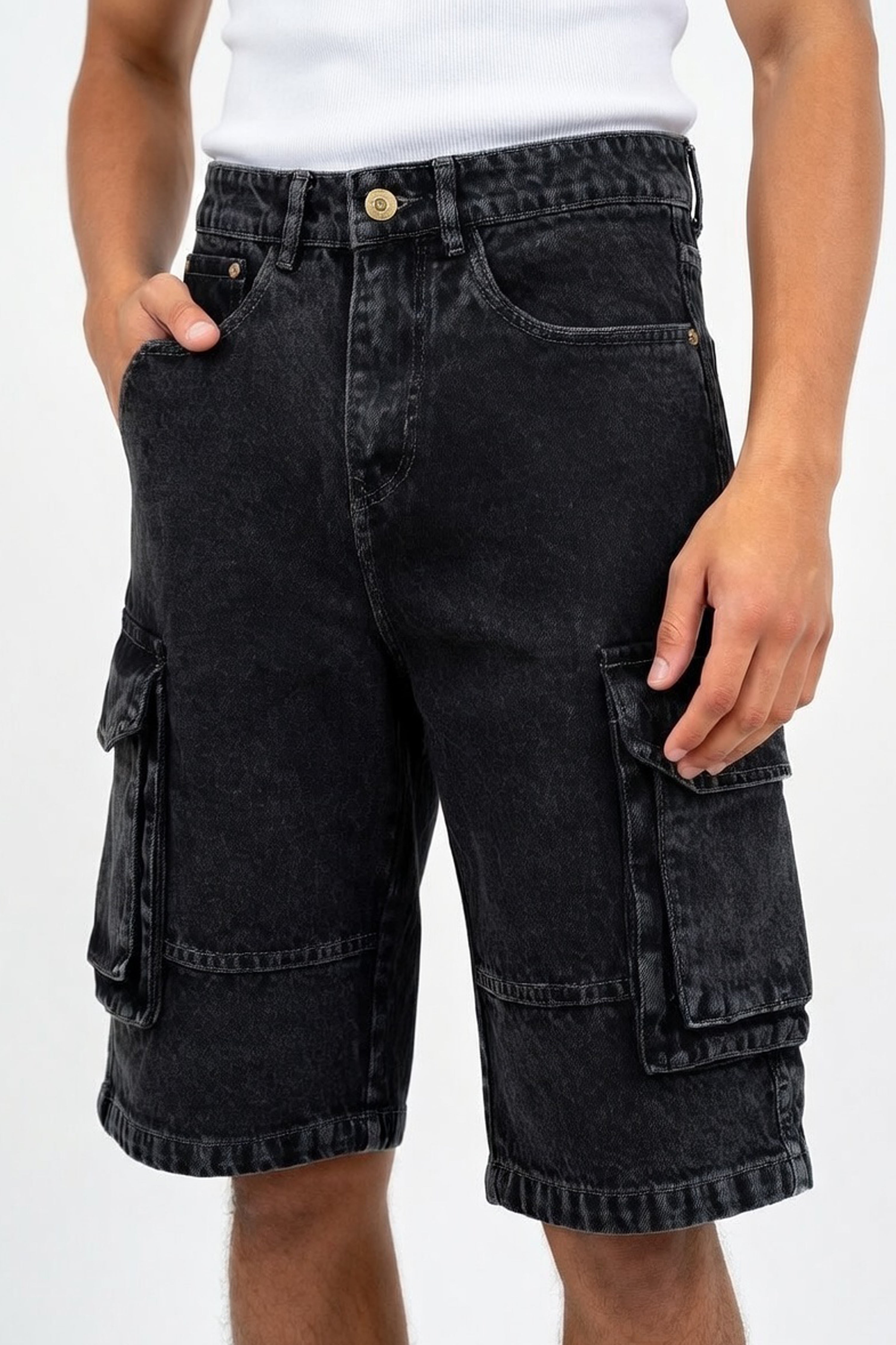 Washed Black Denim Cargo Shorts