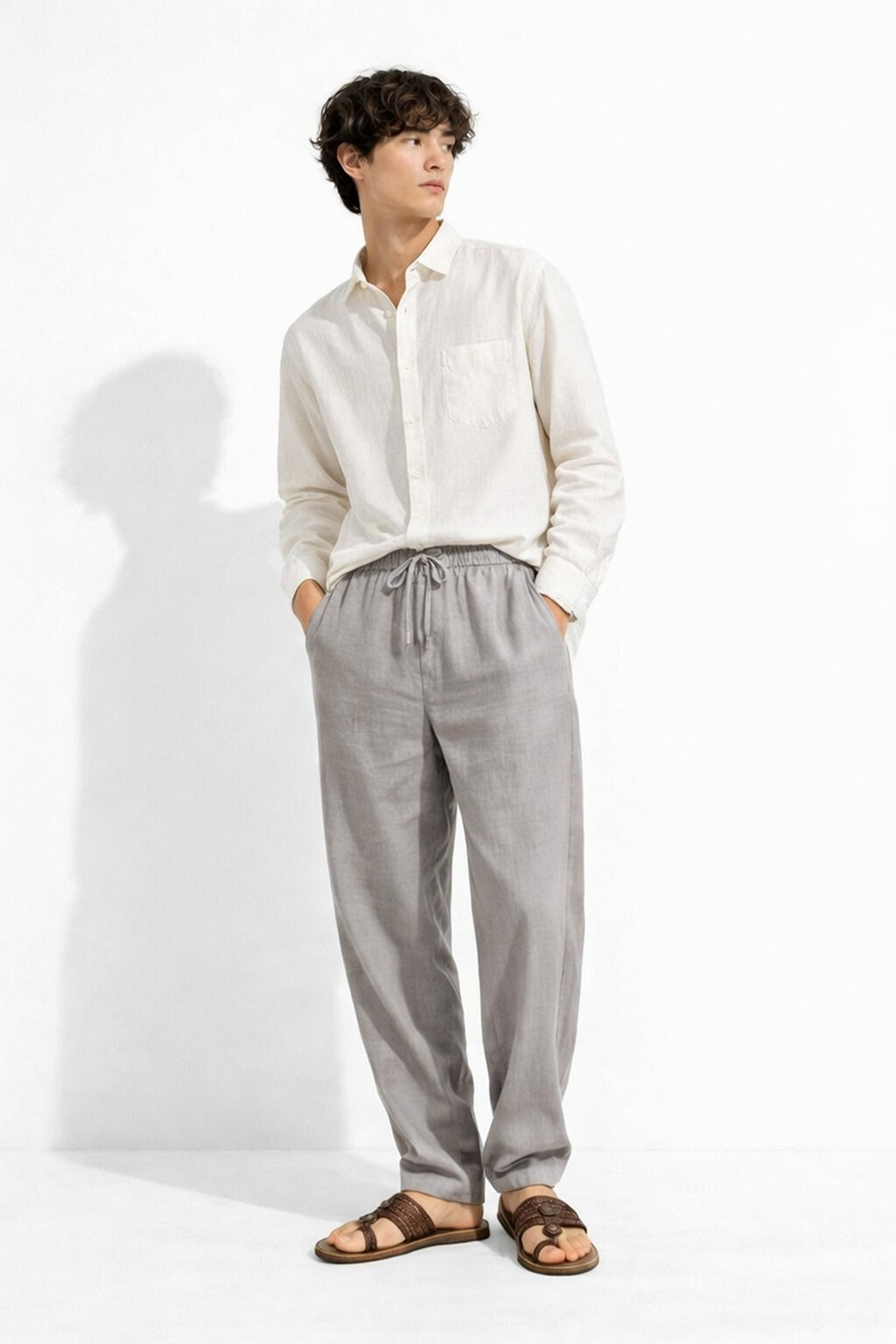 Minimal Light Grey Linen Drawstring Pants