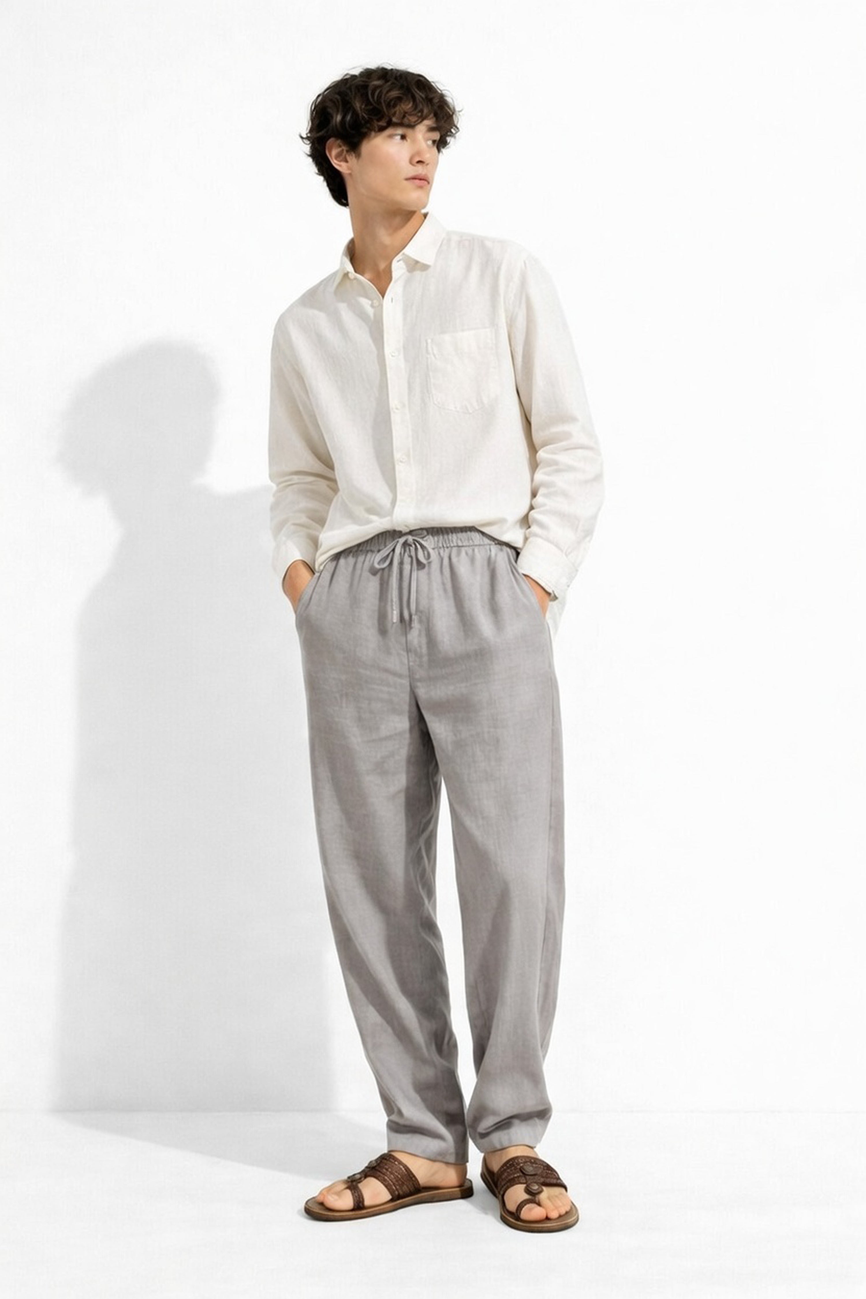 Minimal Light Grey Linen Drawstring Pants