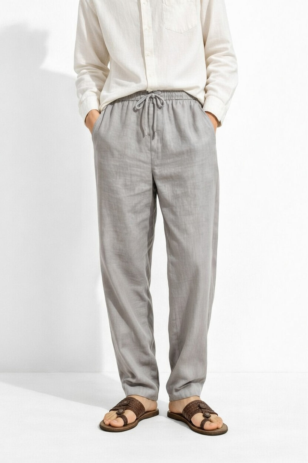 Minimal Light Grey Linen Drawstring Pants