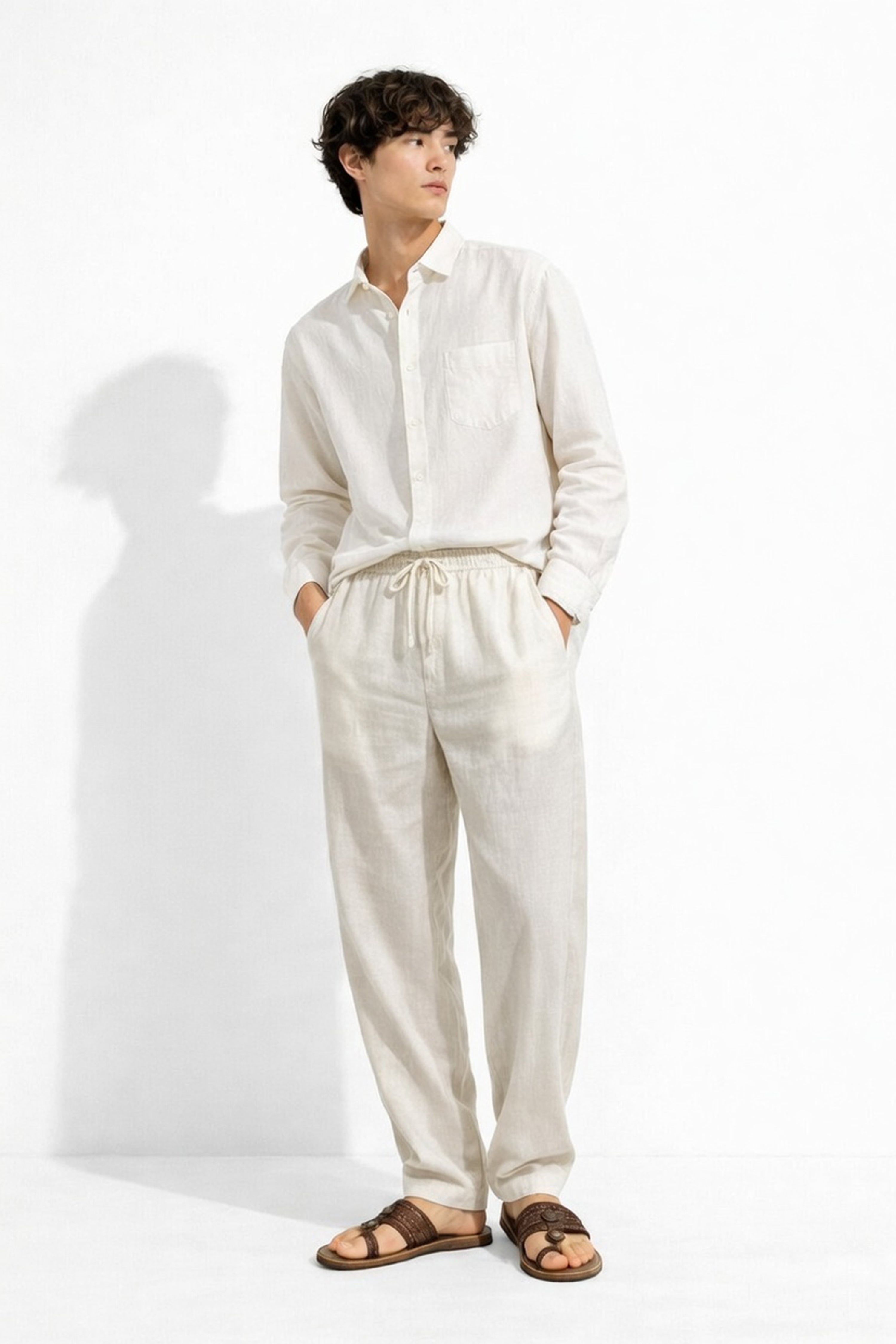 Cream Off White Linen Loose Fit Pants