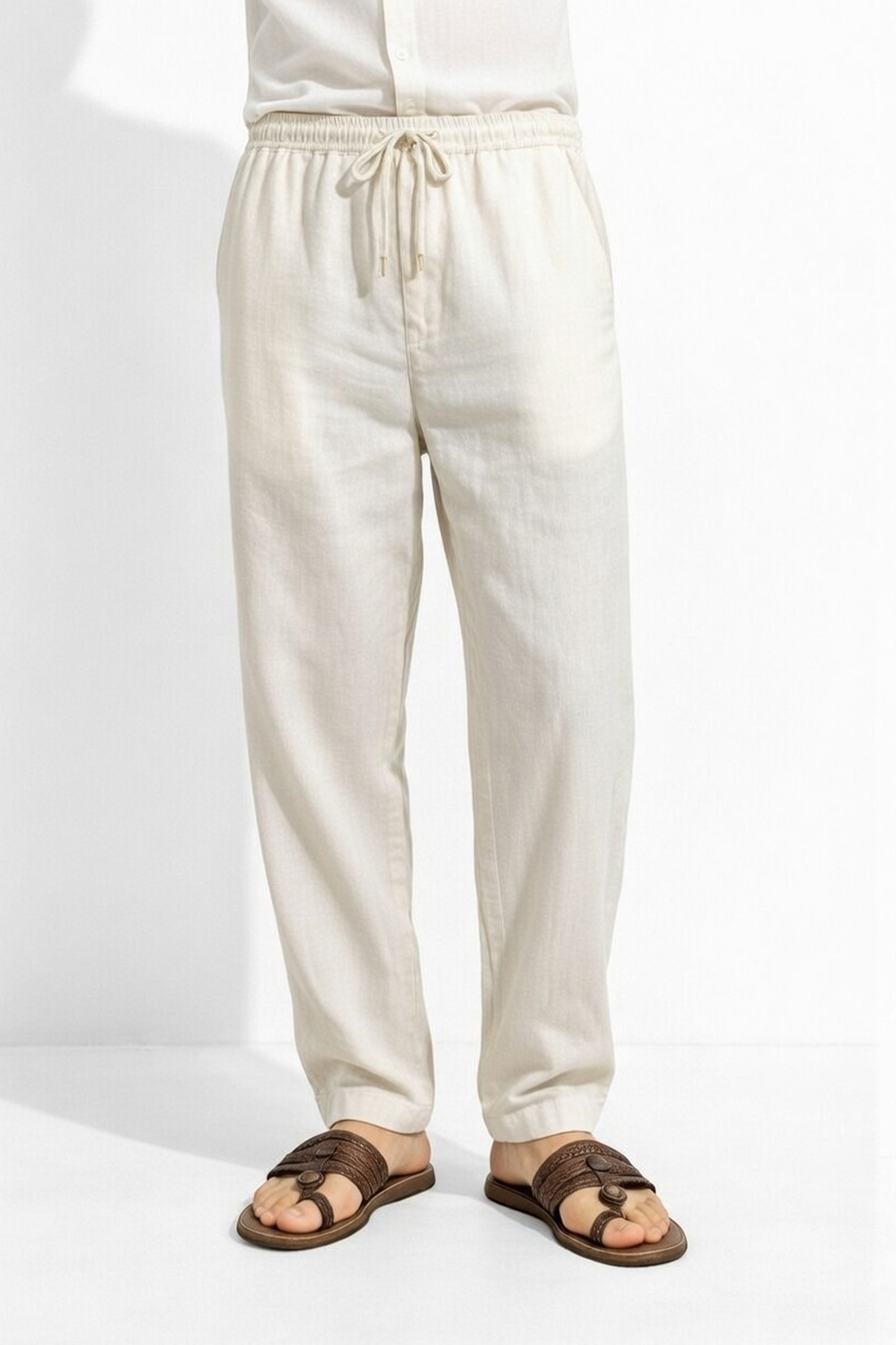 Cream Off White Linen Loose Fit Pants