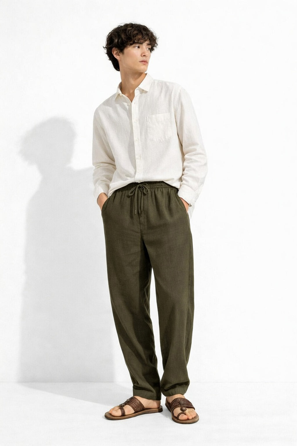 Olive Green Relaxed Fit Linen Pants