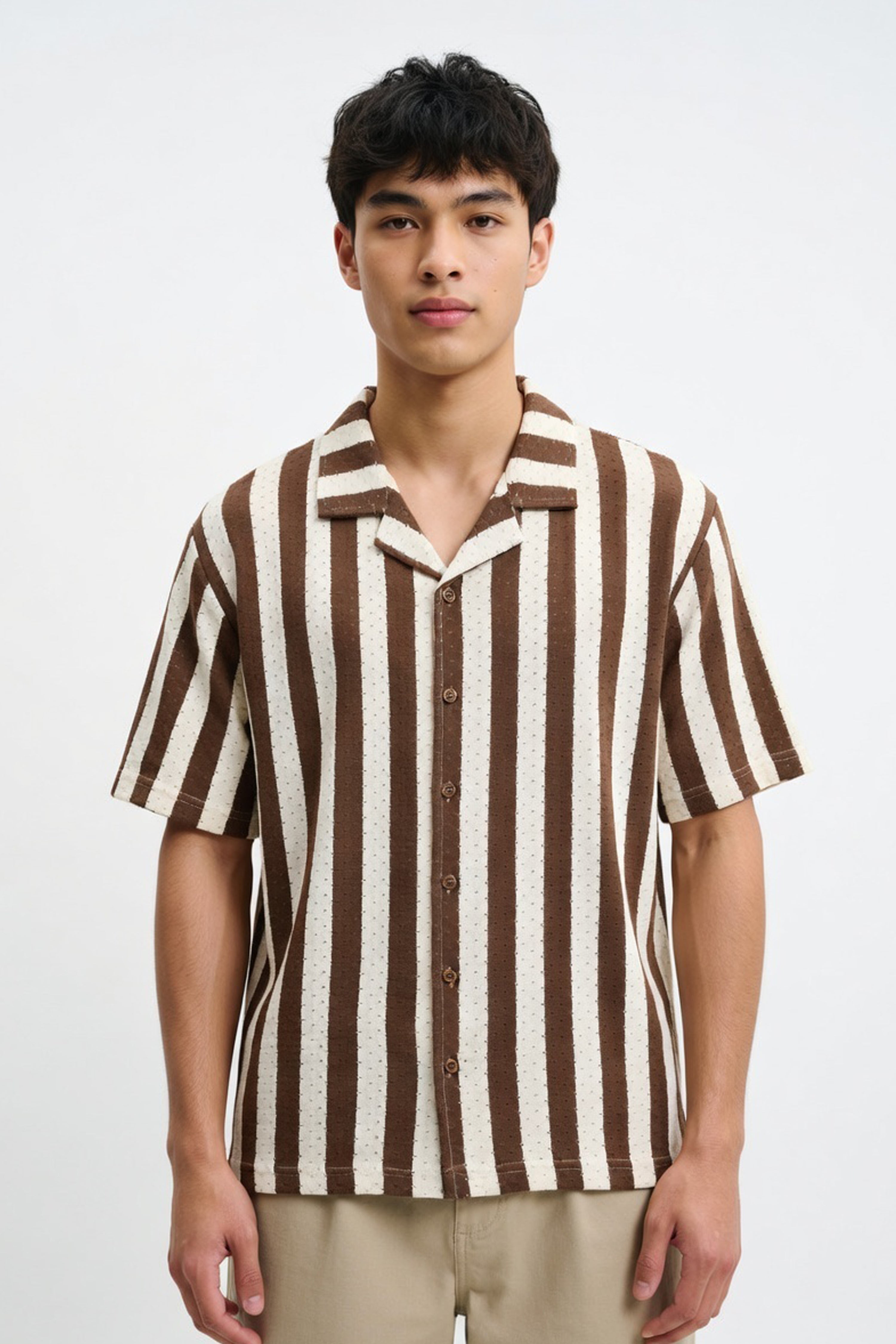 Brown Stripe Cuban Collar Shirt