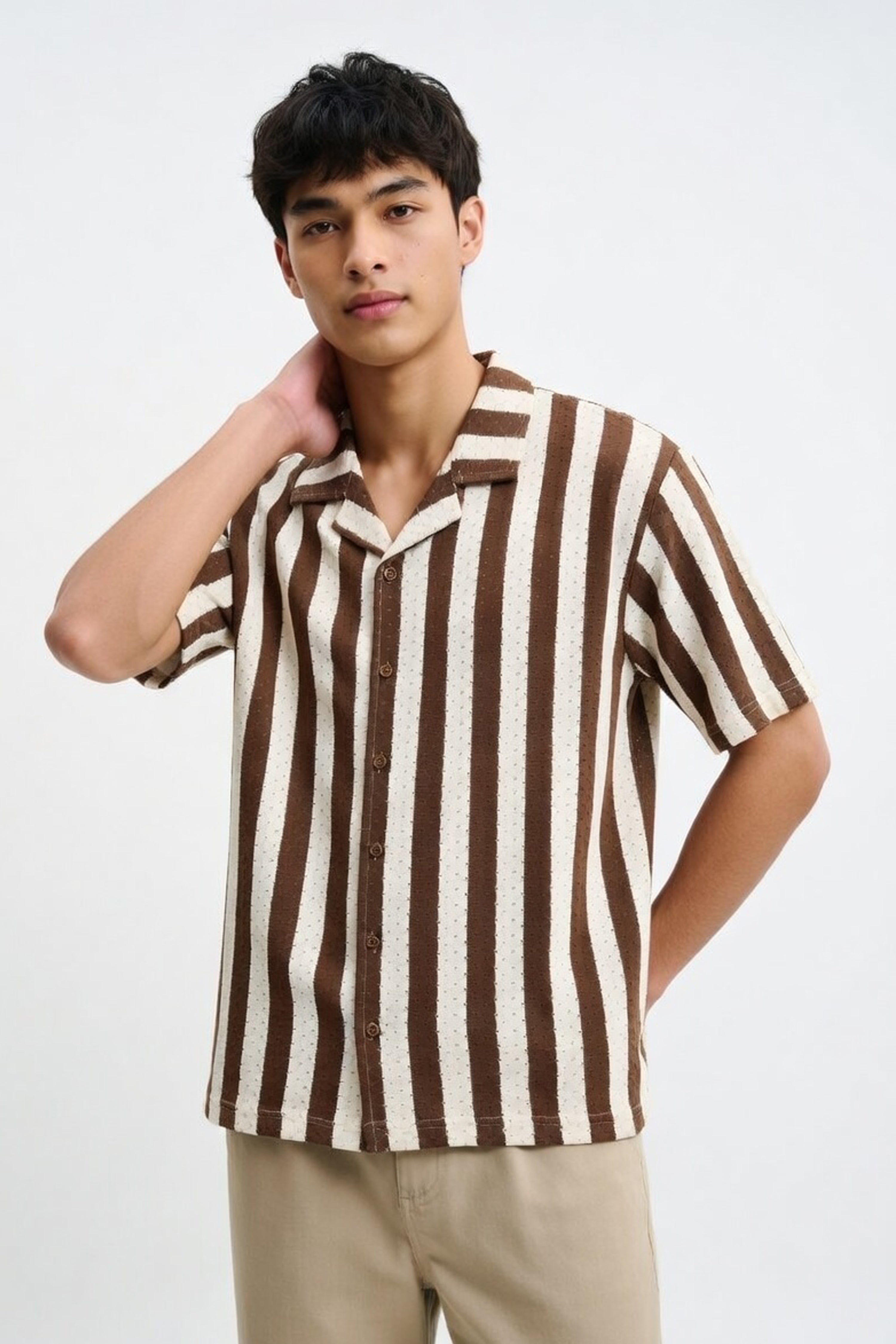 Brown Stripe Cuban Collar Shirt