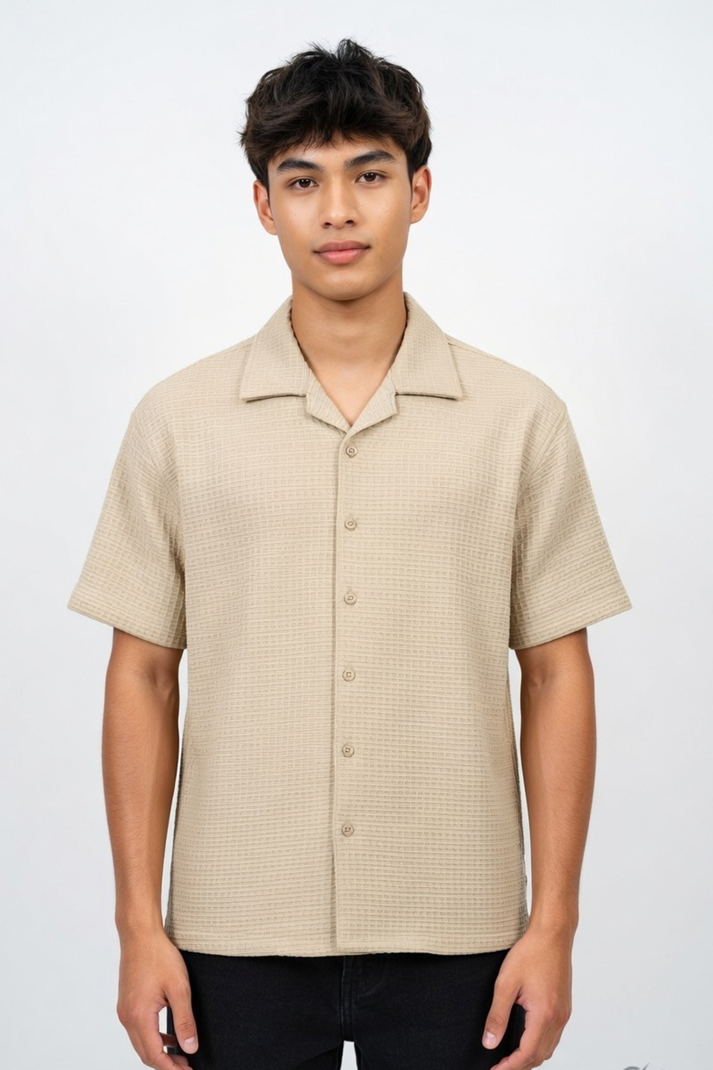 Men’s Solid Beige Cuban Collar Casual Shirt