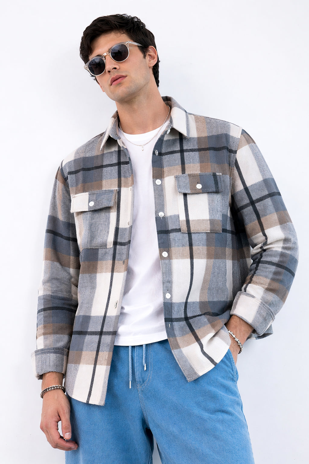 MEN’S CHECKED SHACKET SHIRT – GREY PLAID WINTER WEAR