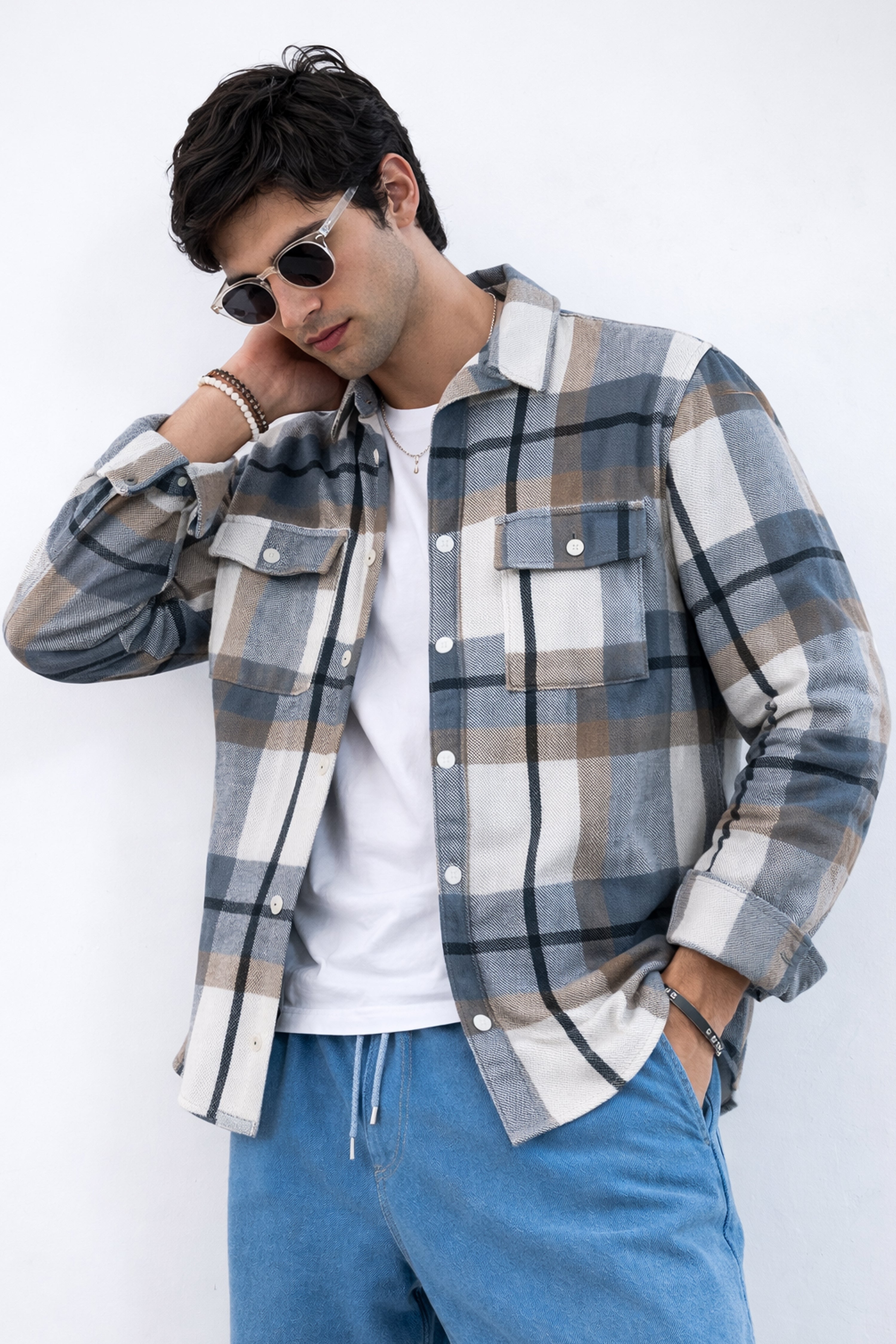 MEN’S CHECKED SHACKET SHIRT – GREY PLAID WINTER WEAR