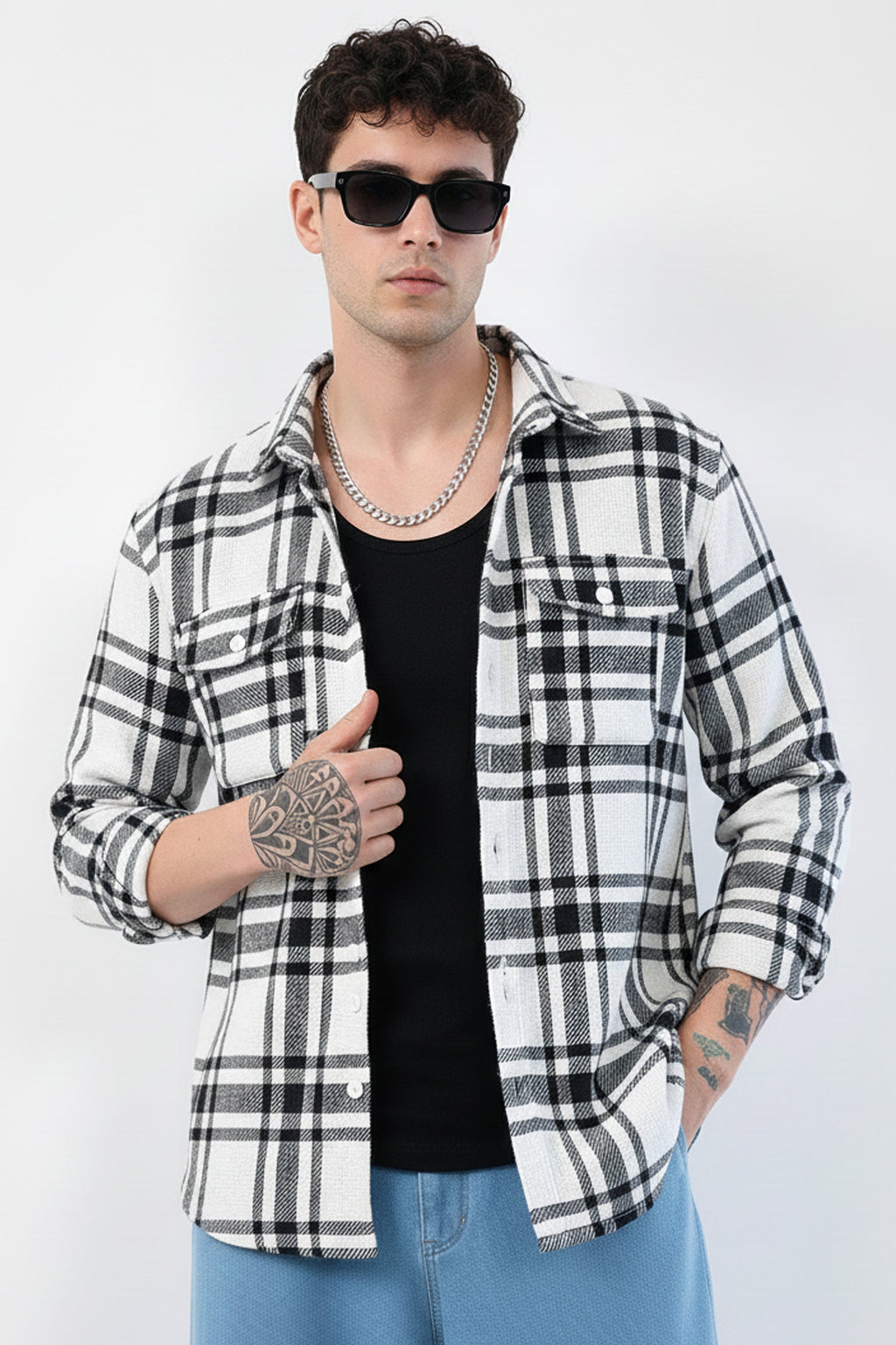 MEN’S PLAID SHACKET SHIRT – BLACK & WHITE CHECK WINTER WEAR