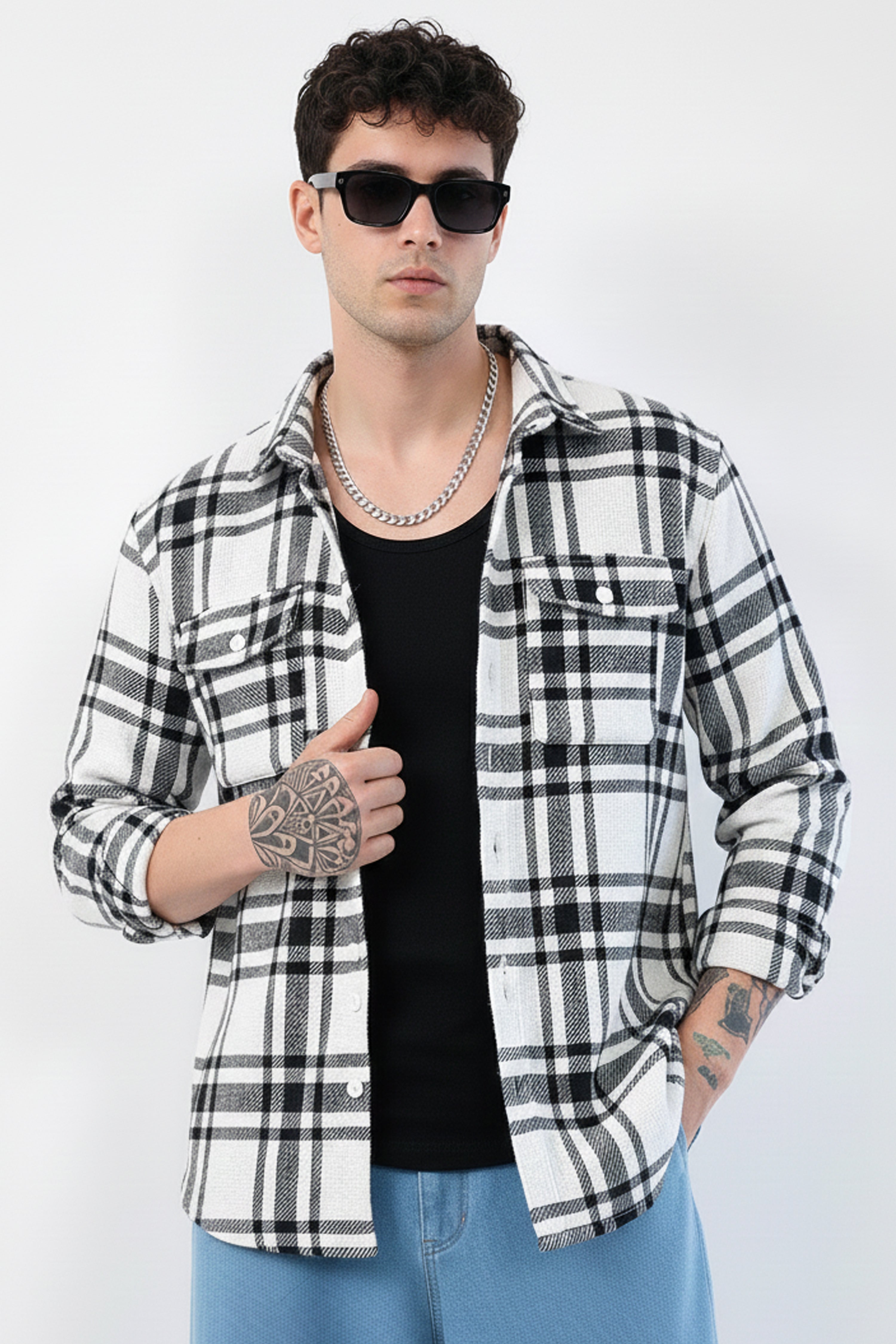 MEN’S PLAID SHACKET SHIRT – BLACK & WHITE CHECK WINTER WEAR