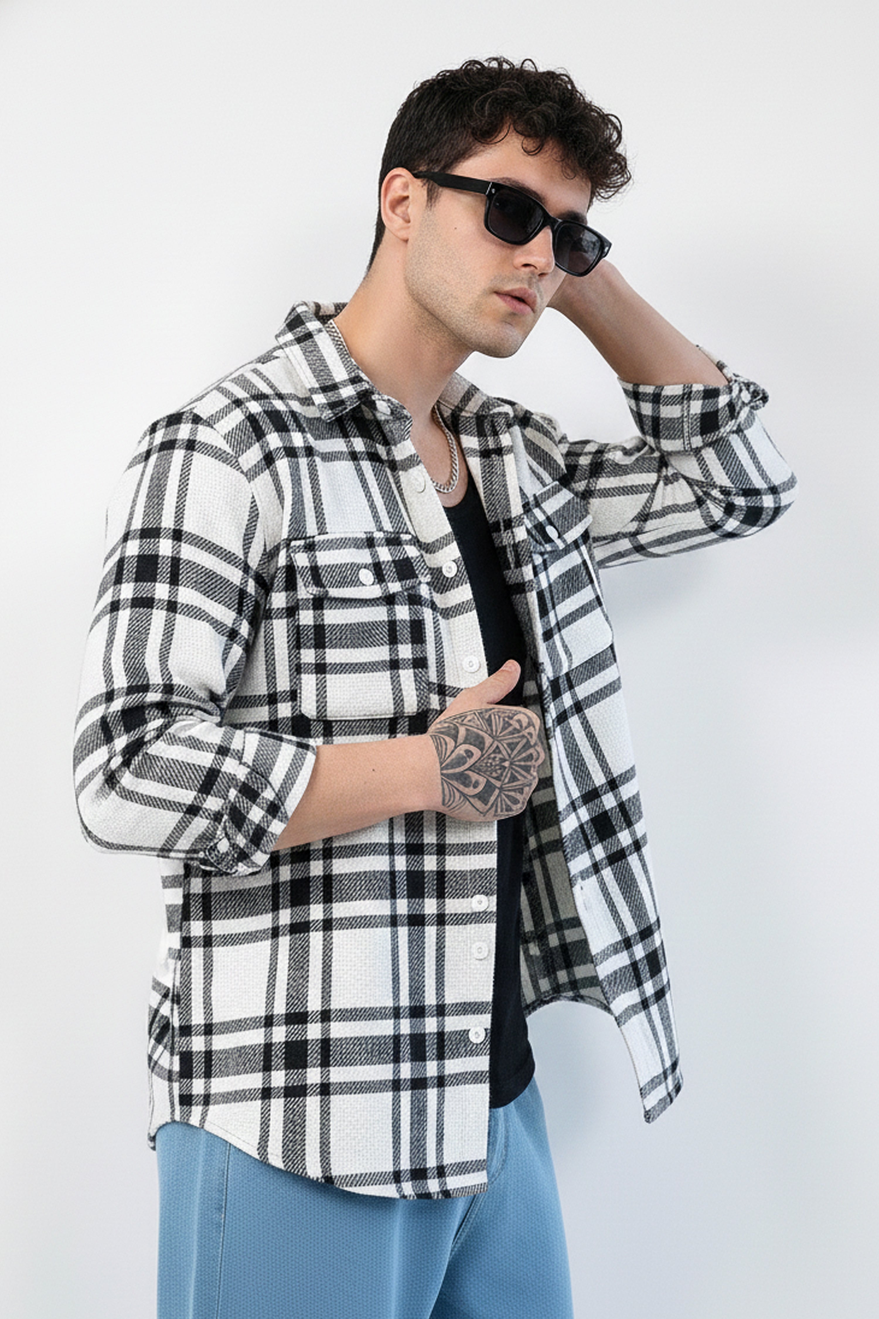 MEN’S PLAID SHACKET SHIRT – BLACK & WHITE CHECK WINTER WEAR